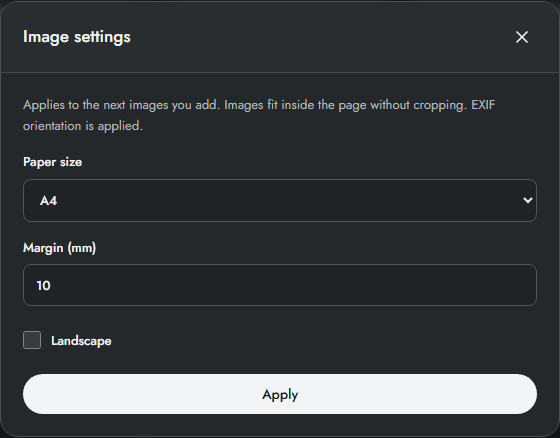 Image settings apply to the next imported images.