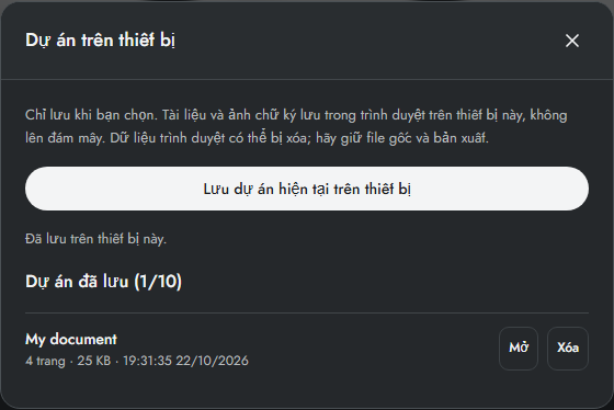 Mục đã lưu có thể mở lại hoặc xóa sau khi xác nhận.
